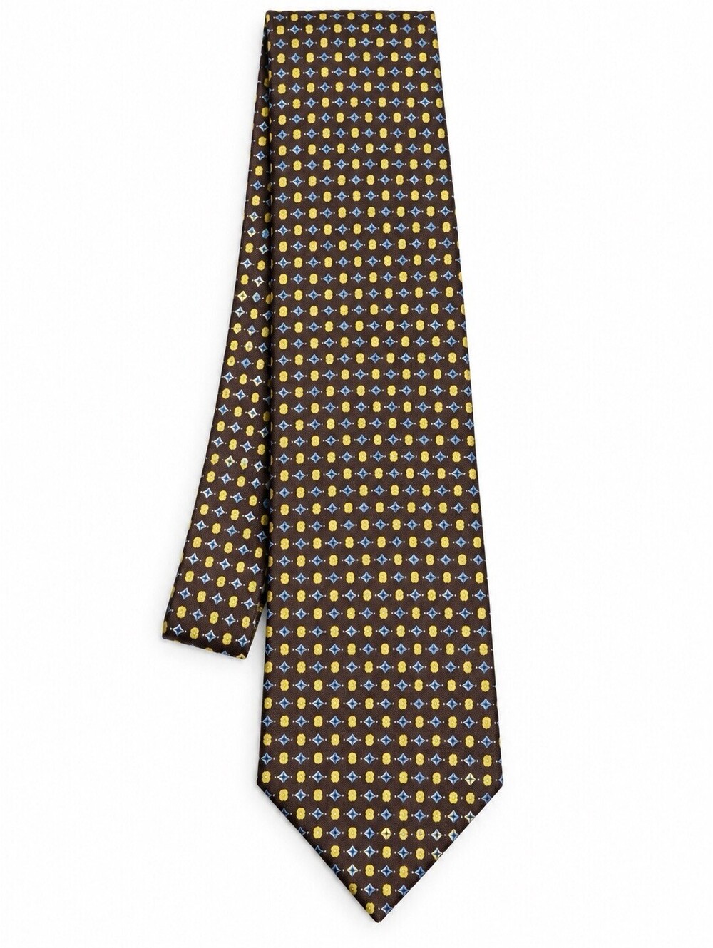 Brioni Men’s Silk Tie Brown Yellow Blue Geometric Handmade Italy
